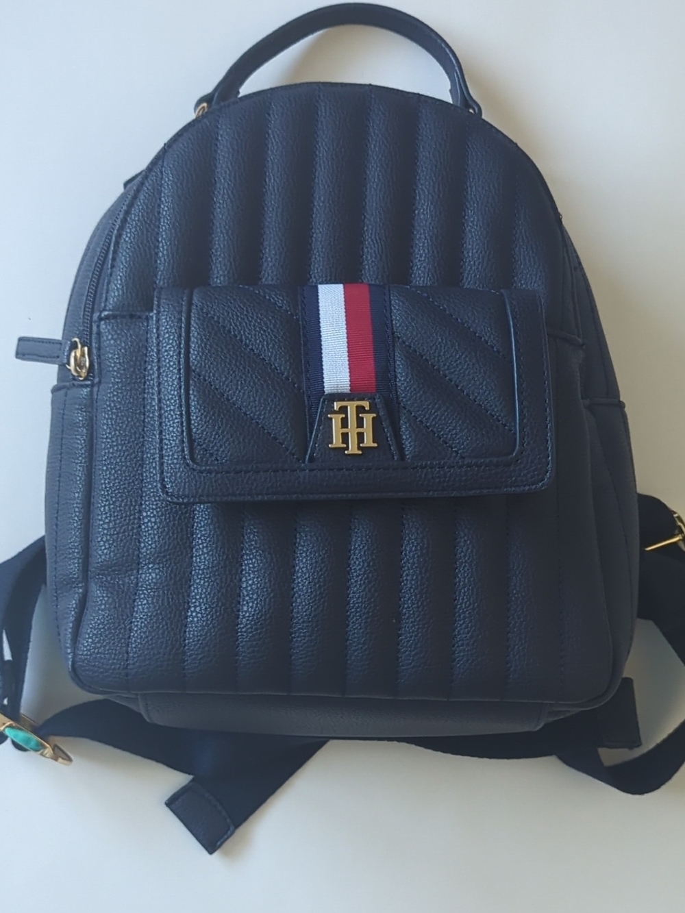 Tommy Hilfiger Navy Quilted Mini Backpack with Signature Stripe and Gold Logo - Picture 1 of 4
